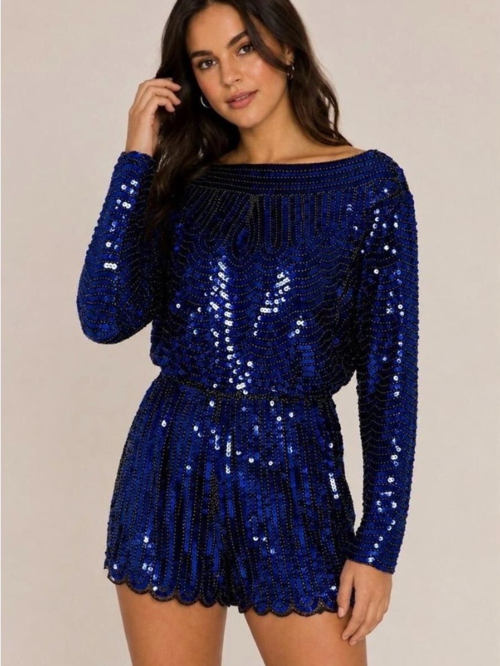 Endless Rose Sapphire Blue Sequin Long-Sleeve Romper